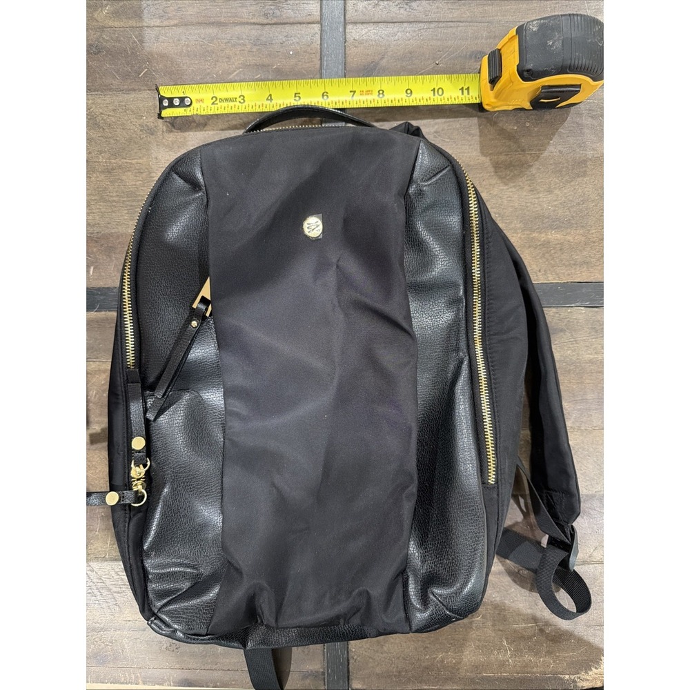 Travanti Black Nylon‎ Pebbled Faux Leather Backpack Gold Hardware Red Lining